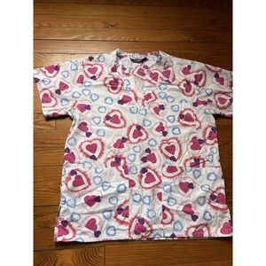 TLC Women's Scrub top Size XSM Hearts Multicolored Pink Blue Purple